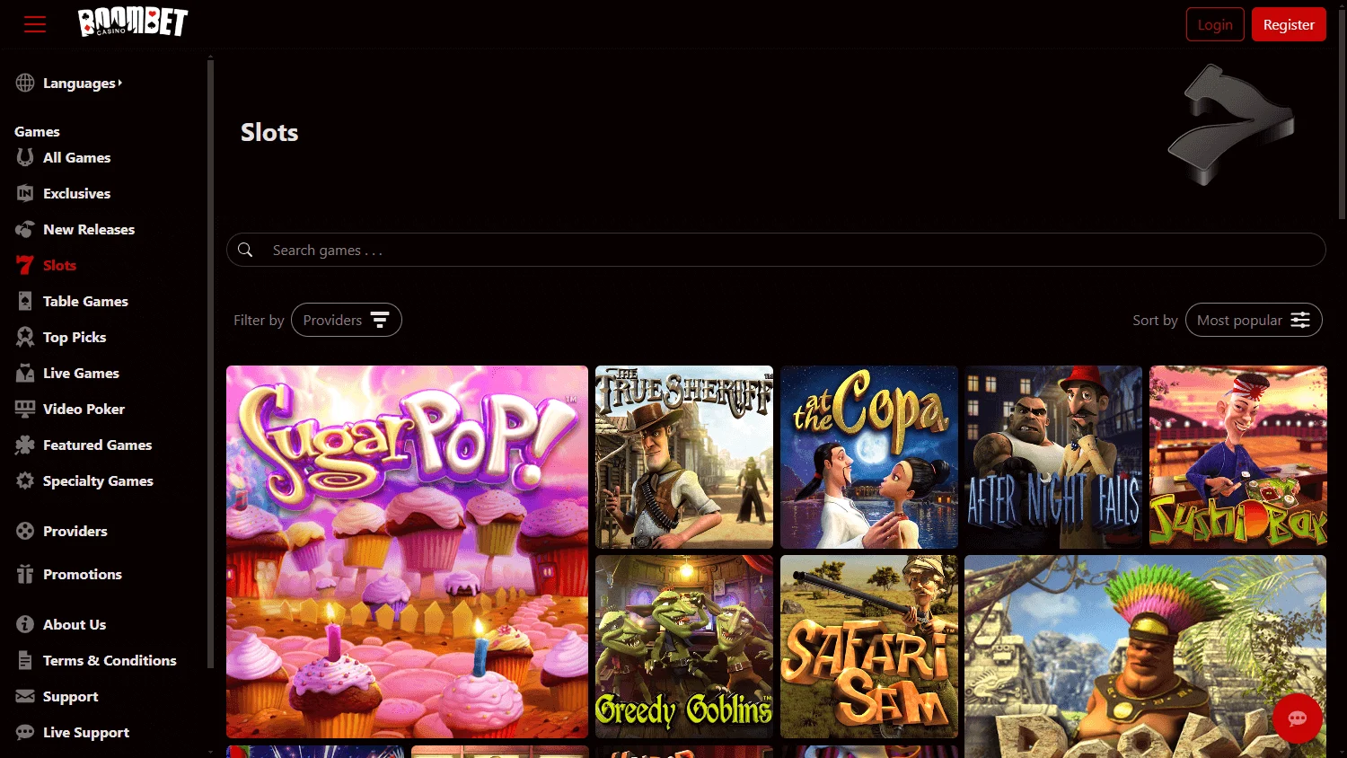 Boombet Casino games page on desktop