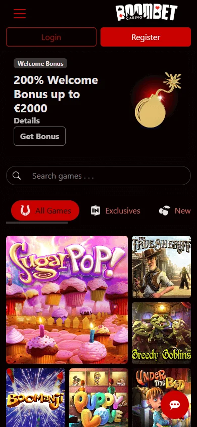 Boombet Casino home page on a mobile phone