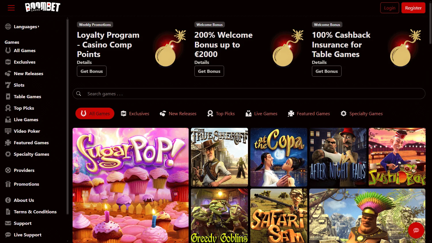 Boombet Casino home page on desktop