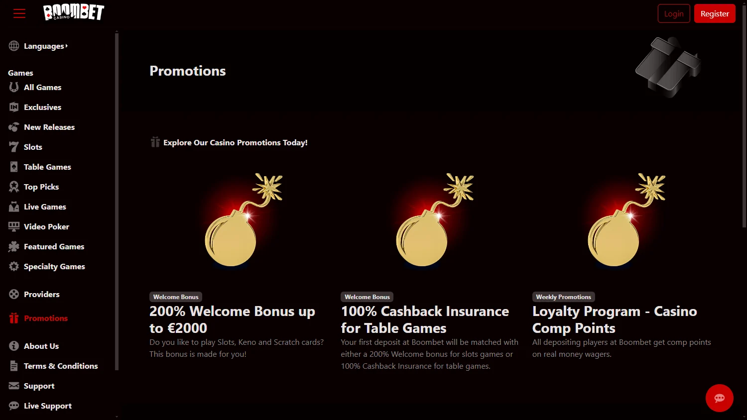 Boombet Casino promotions page on desktop